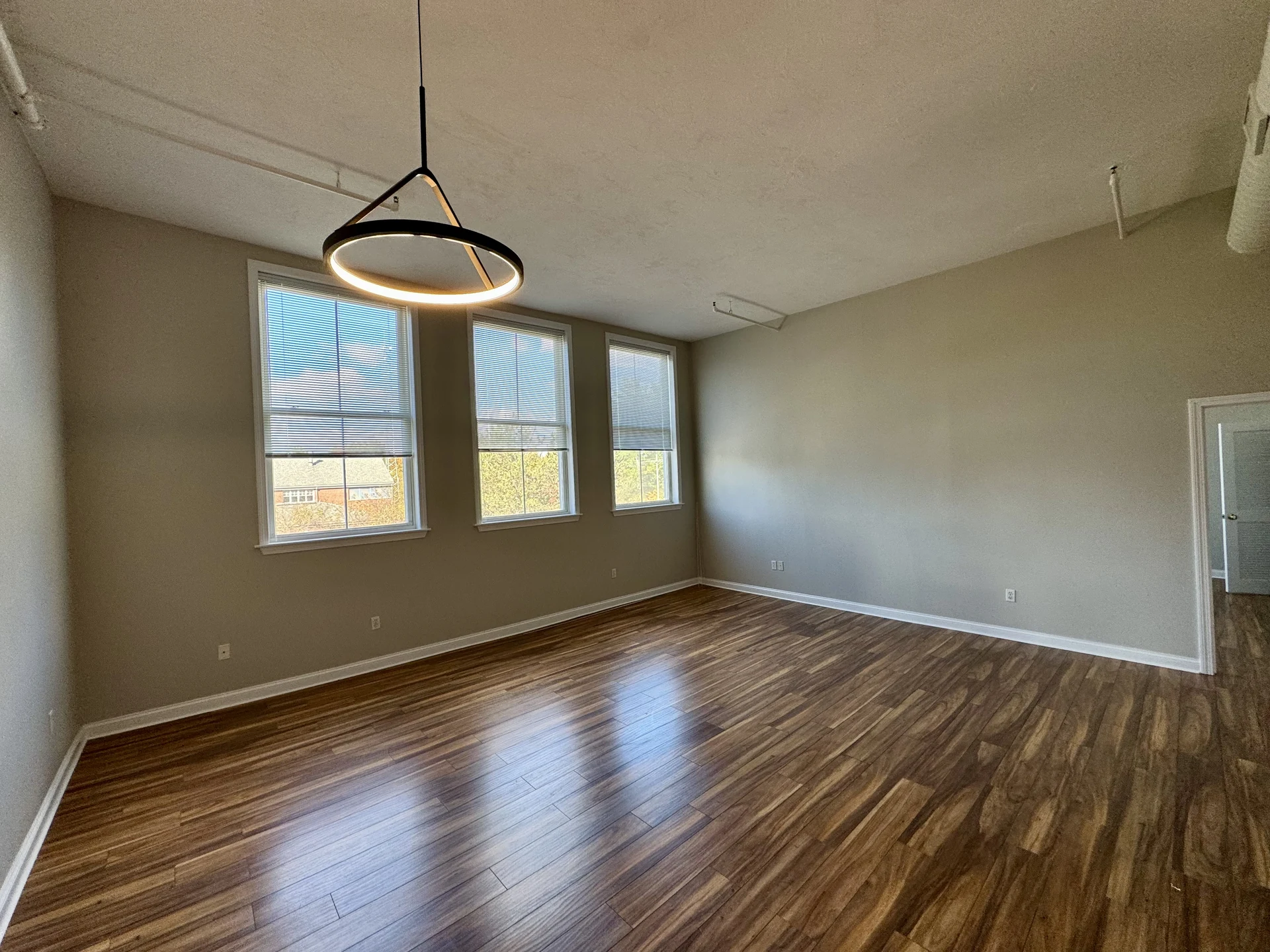 Apartment living area with three tall windows and a pendant light