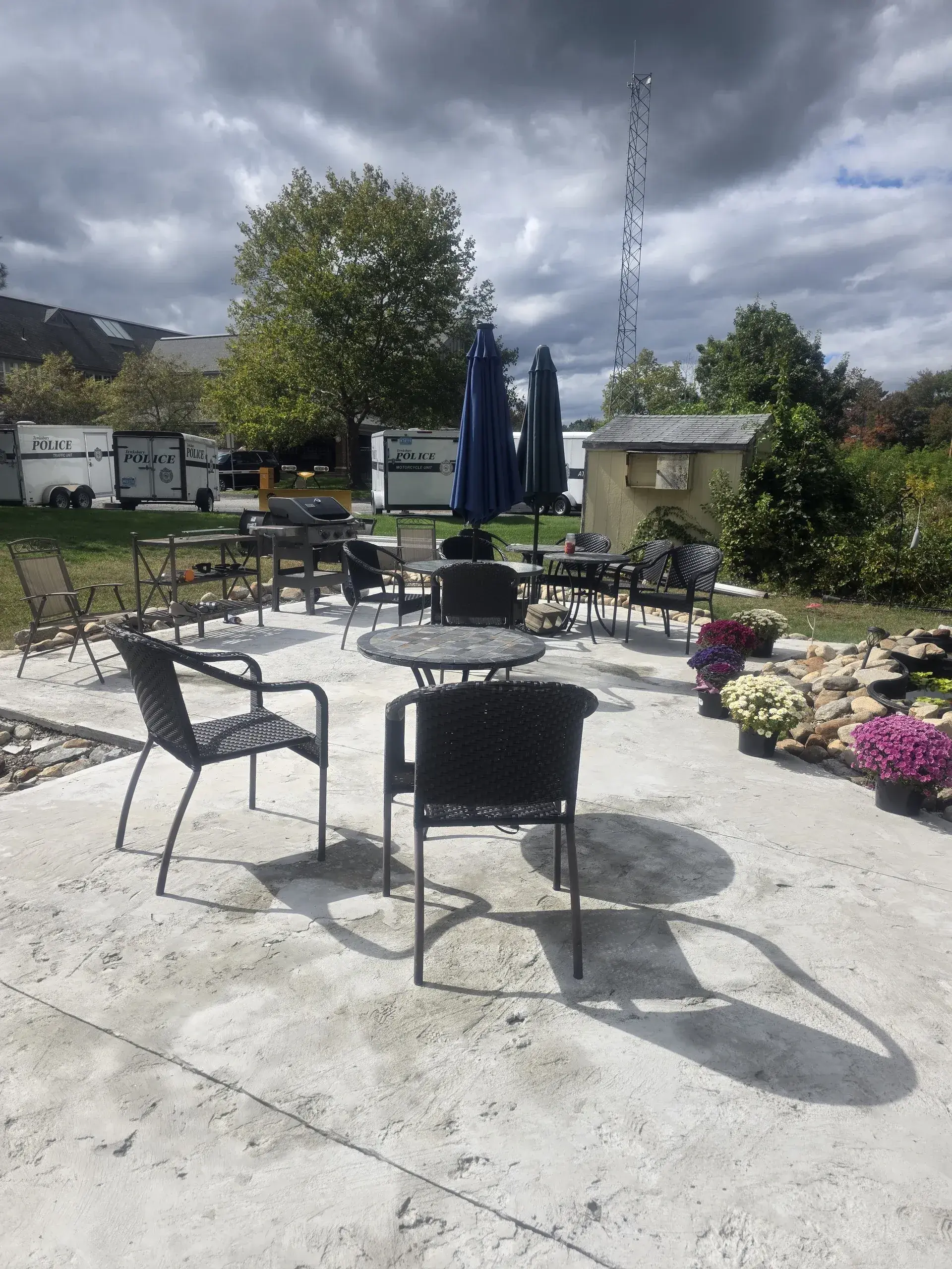 Tables and seating on the shared resident patio