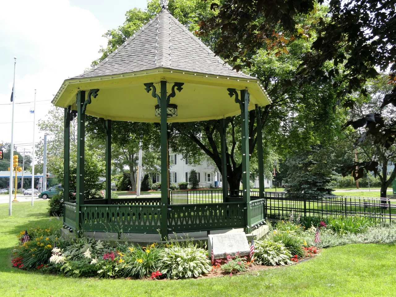 The green bandstand and gardens on Tewksbury Town Common